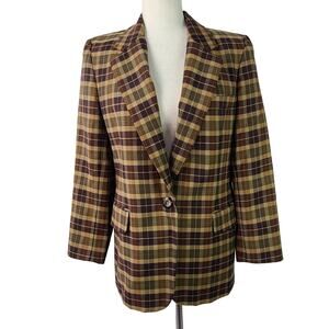 JH Collectibles Tan Wine Green Brown Plaid Wool Lined Vintage Blazer Jacket 4 P